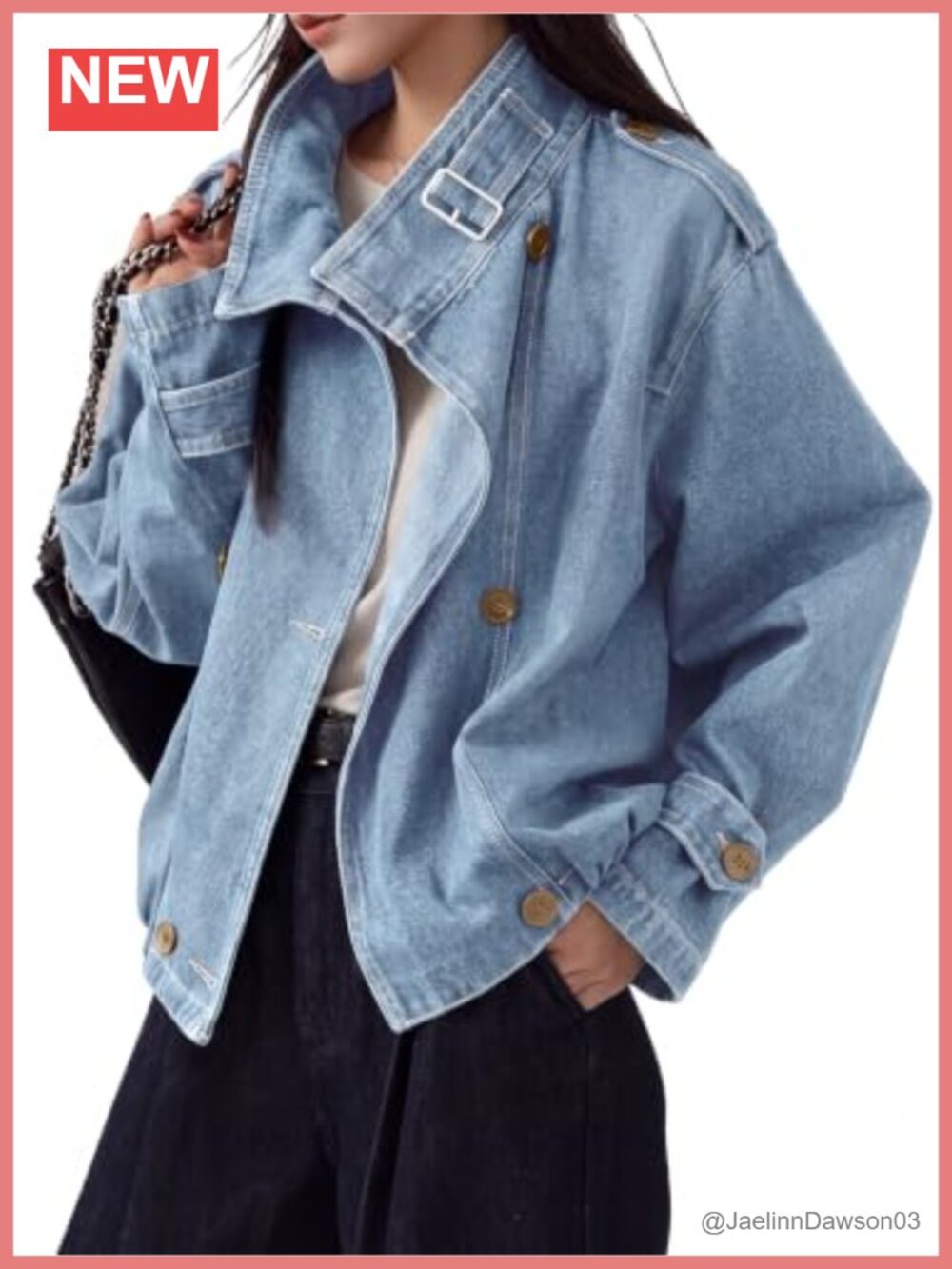 Womens Oversized Denim Jacket Funnel Neck Button Up Casual Coat